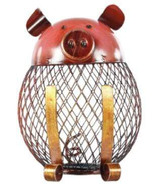 Tirelire représentant un cochon rose en fer et en forme de panier