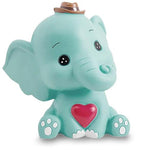 tirelire elephant bleu en plastique avec petit coeur rouge sur le ventre et chapeau sur la tete