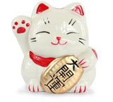 tirelire petit chat japon en ceramique oreilles et coussinets rouge avec koban patte droite levee
